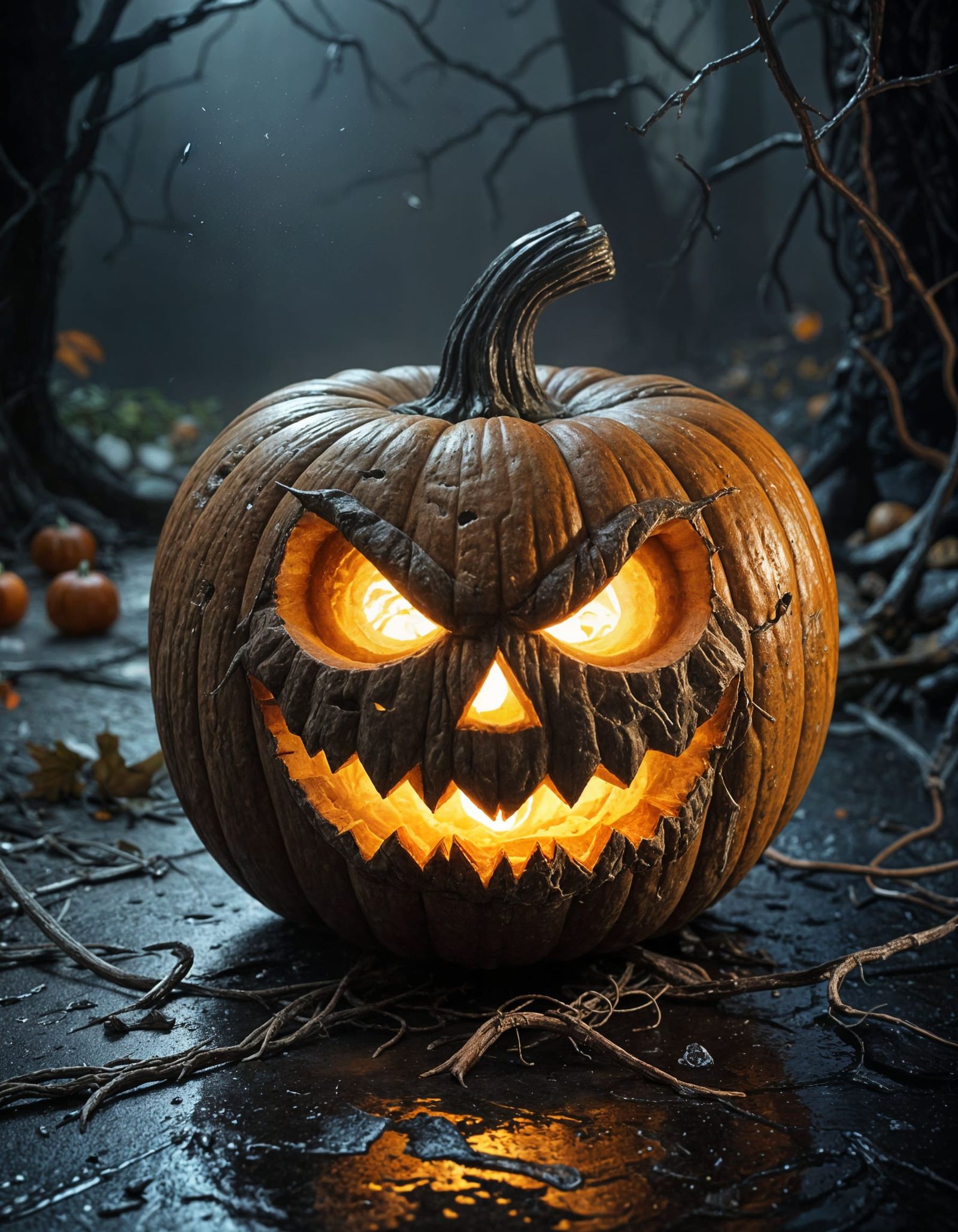 Terrifying Charred Jack-o'-Lantern in Cinematic Lighting