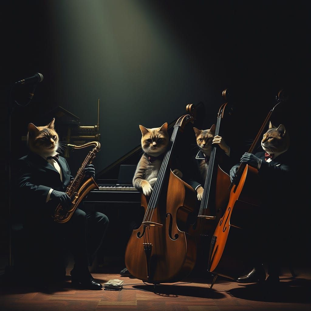 Sophisticated Feline Jazz Quartet in Dark Film Noir Style
