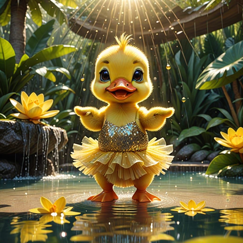 Duckling Dances Under Tropical Fountain, Thai Art Style