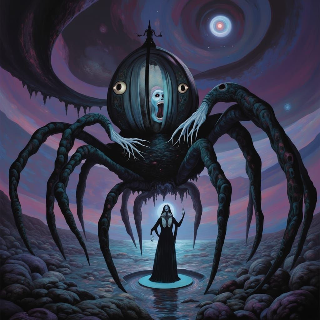 Dark Fantasy Spider Captures Couple on Desolate Plain