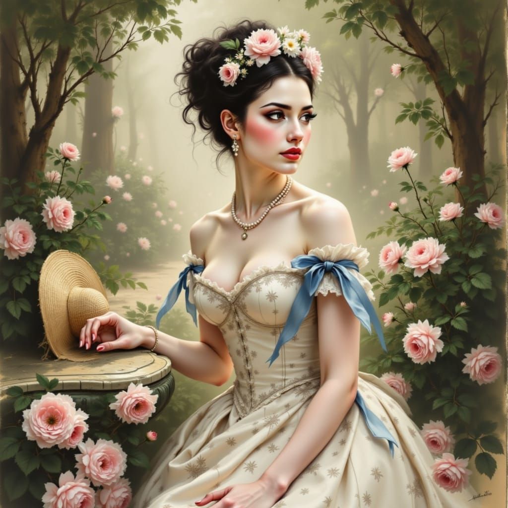 Elegant Noblewoman in Rococo Gown with Soft Pastels and Deli...