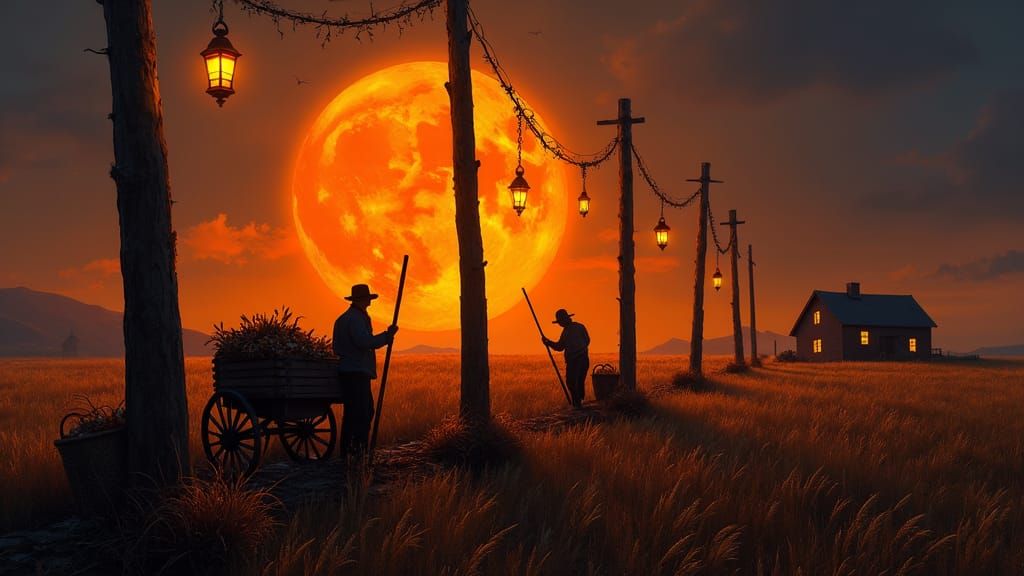Moonlit Harvest: Farmers Toiling in Illuminated Field