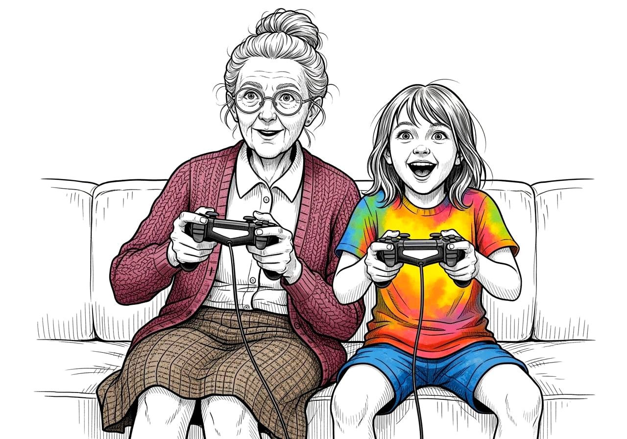 Grandmother and Grandchild Gaming Together on Sofa