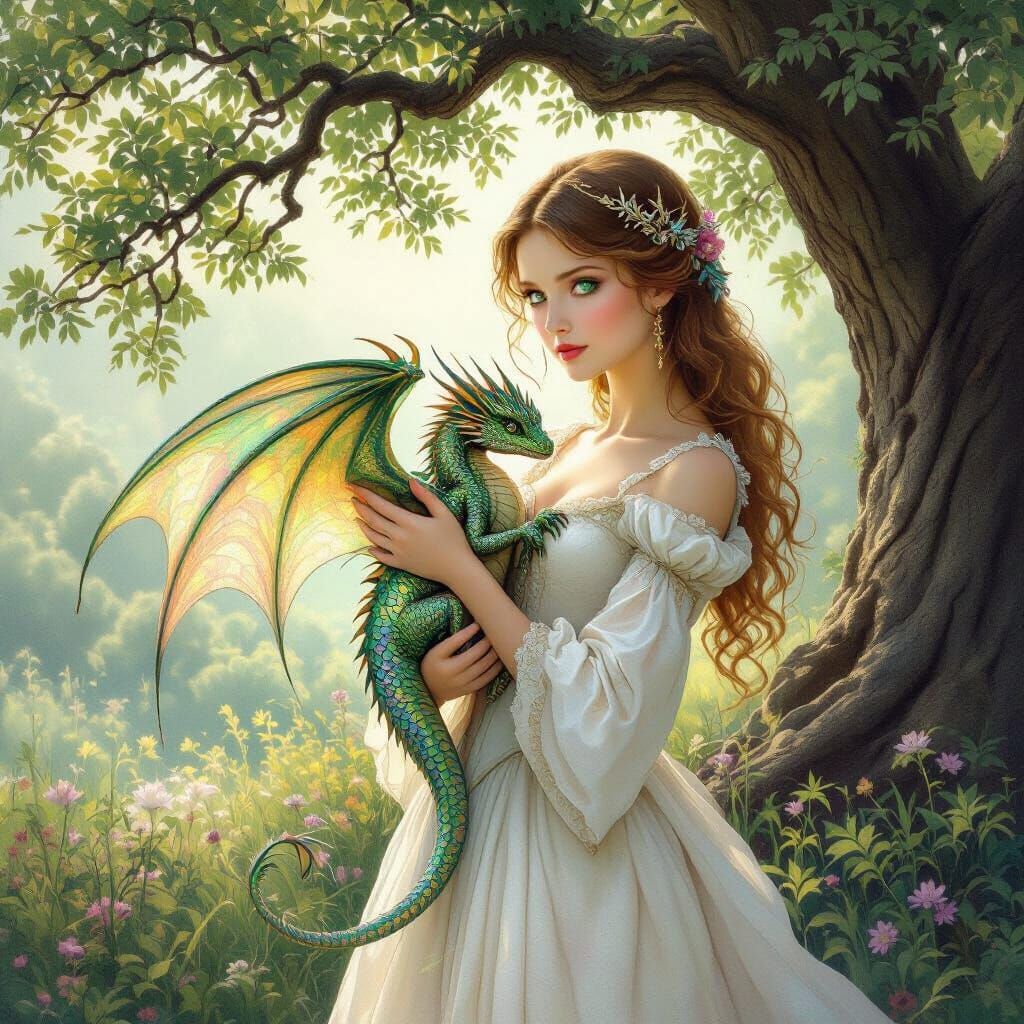Princess Holds Iridescent Dragon in Tranquil Garden