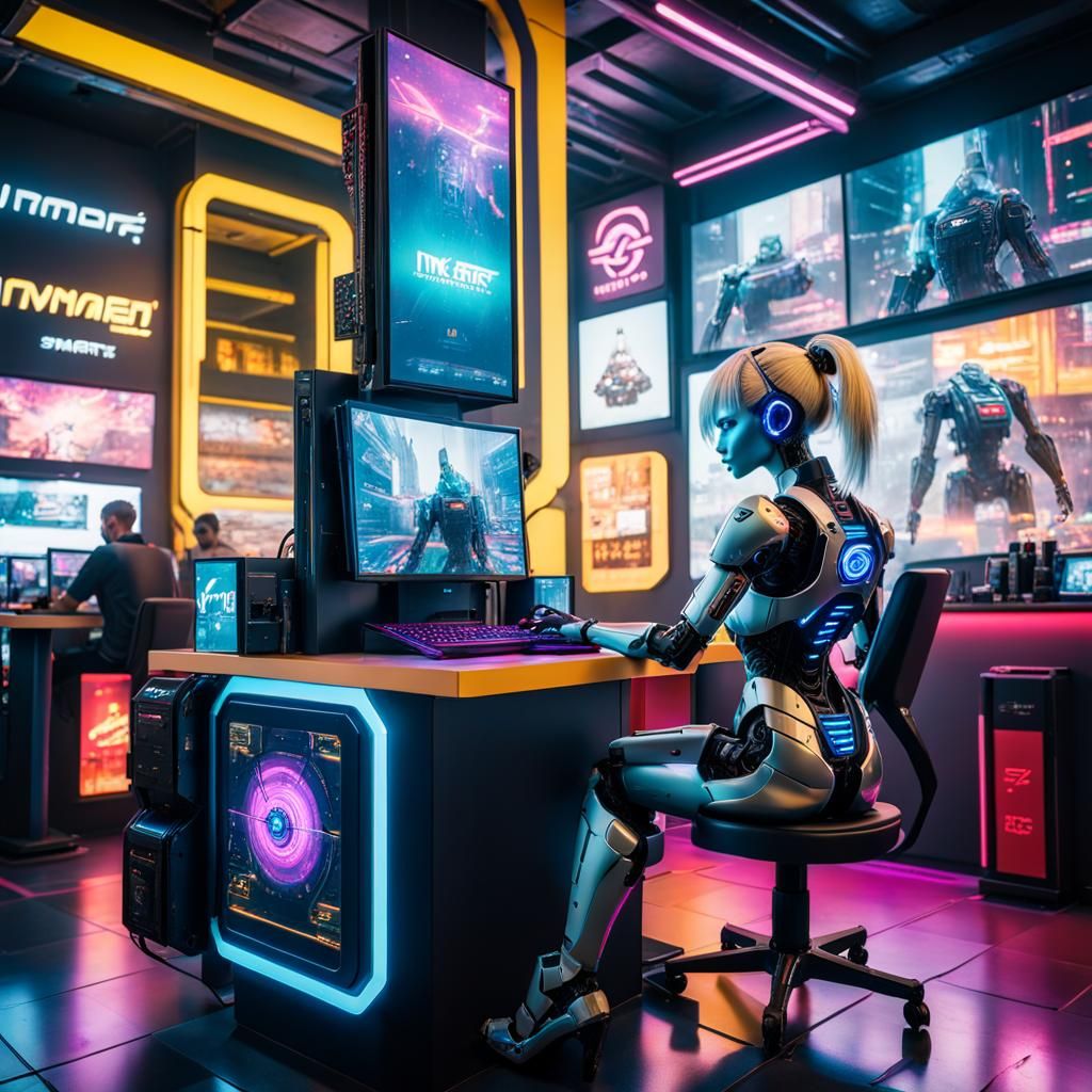 Cyberpunk Cafe with Robot Barista: A Gaming Paradise