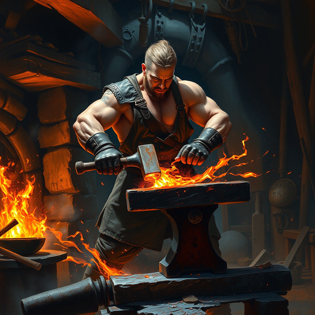 Blacksmith Forging Steel in Impasto Style