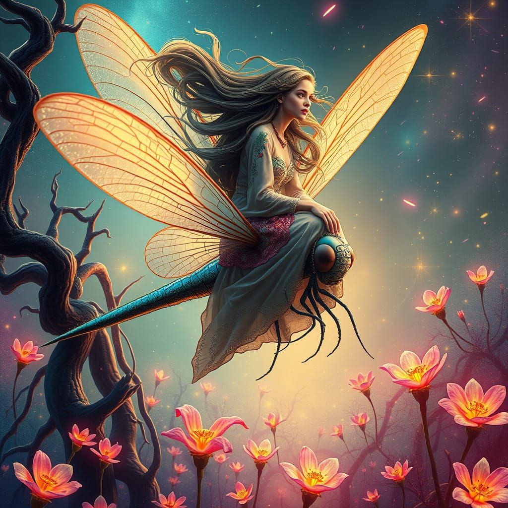 Ethereal Woman Rides Dragonfly in Dreamlike Landscape