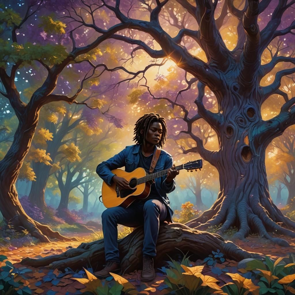 Tracy Chapman Guitar Oil Painting in Fantasy Forest