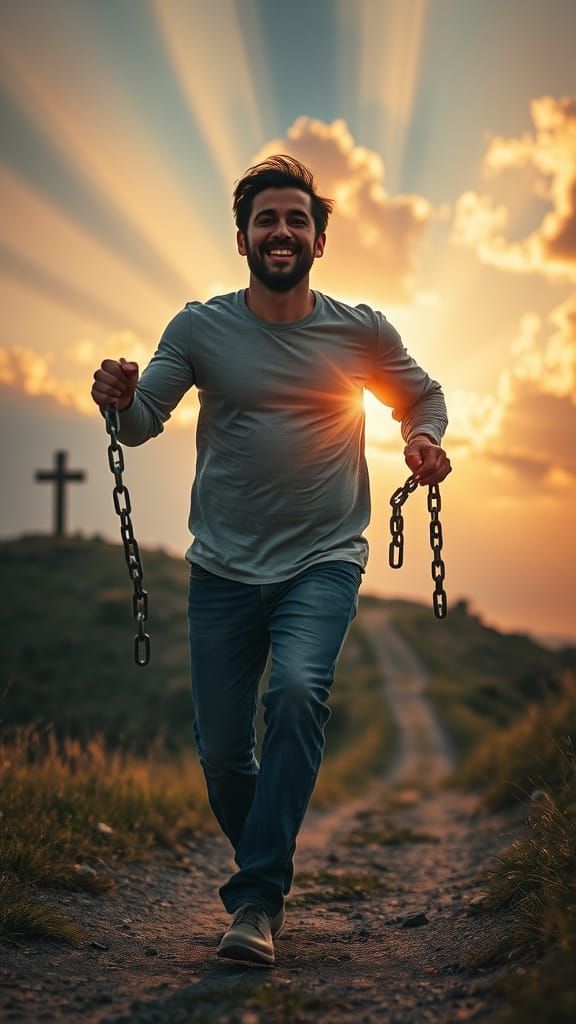 Man Running Free with Broken Chains in Sunlight