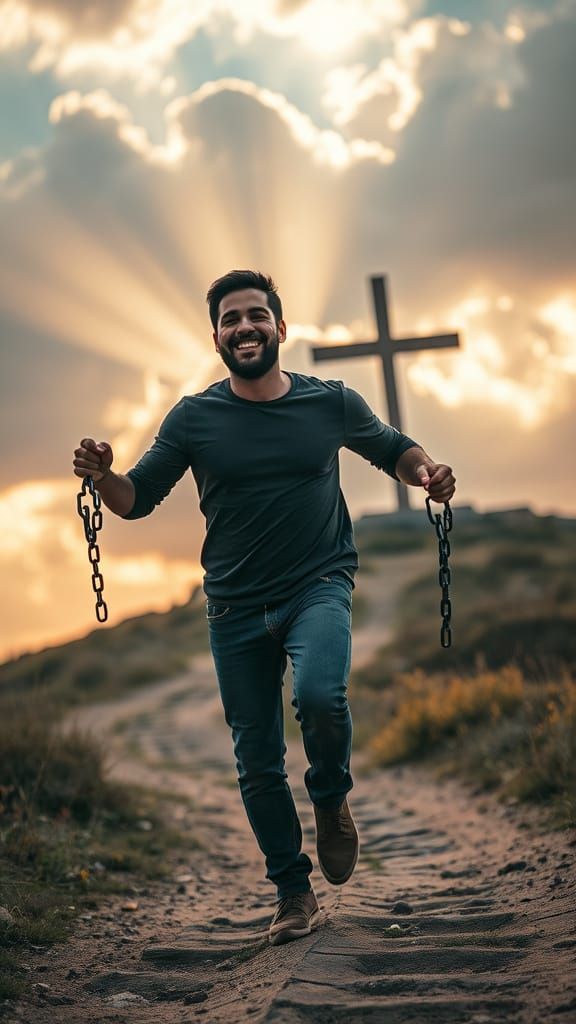 Man Running Free with Broken Chains in Sunlight
