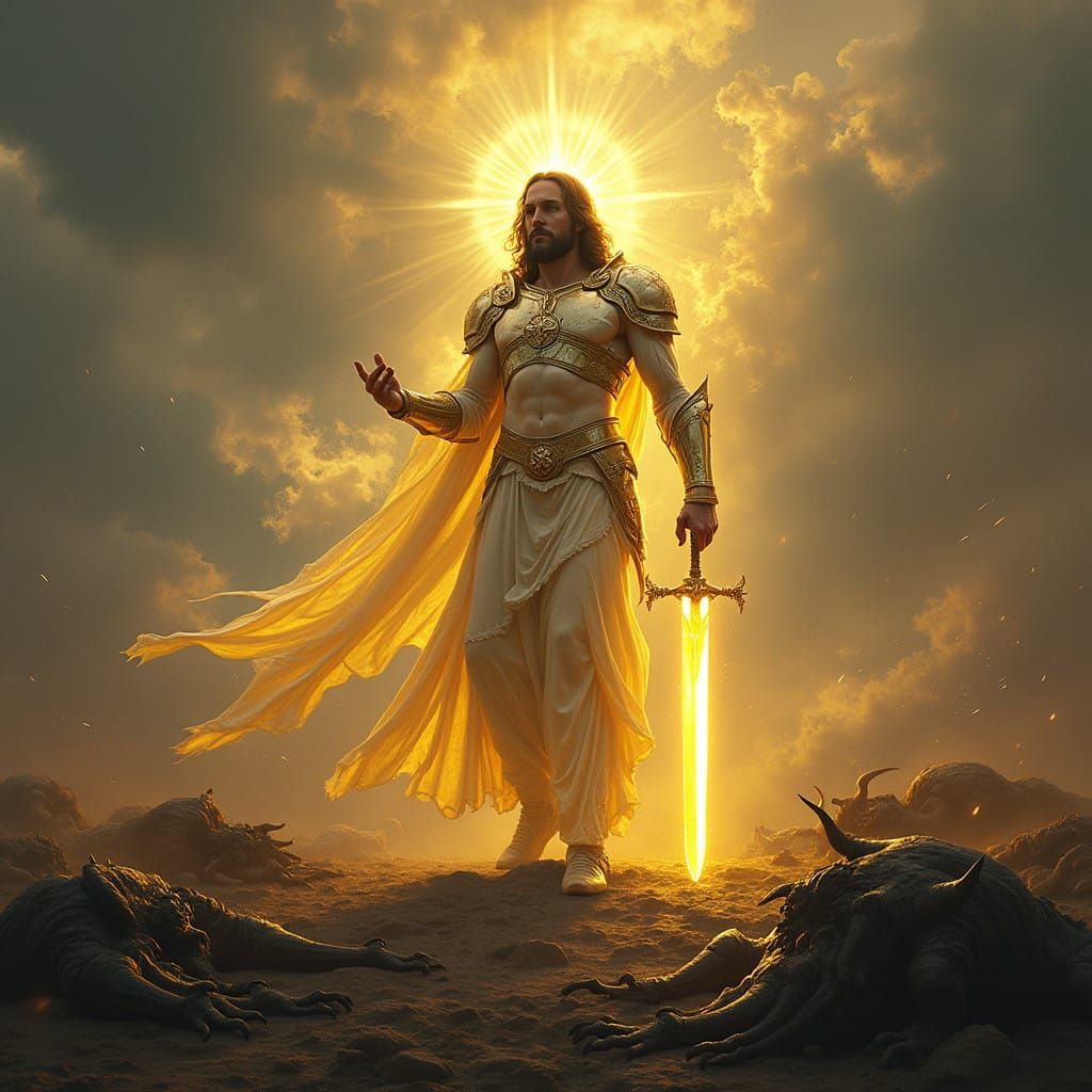 Divine Warrior Emperor in Opal Armor, Wielding Golden Sword