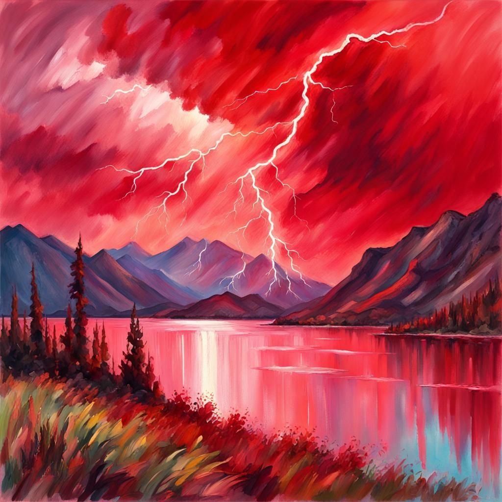 Lightning Over Lake: Impressionist Gouache Style