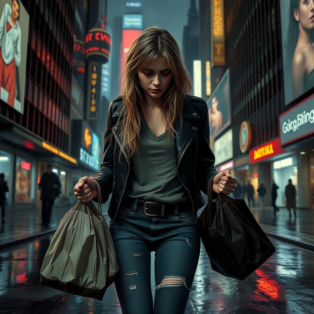 Cyberpunk Woman Walks Desolate Rainy Street