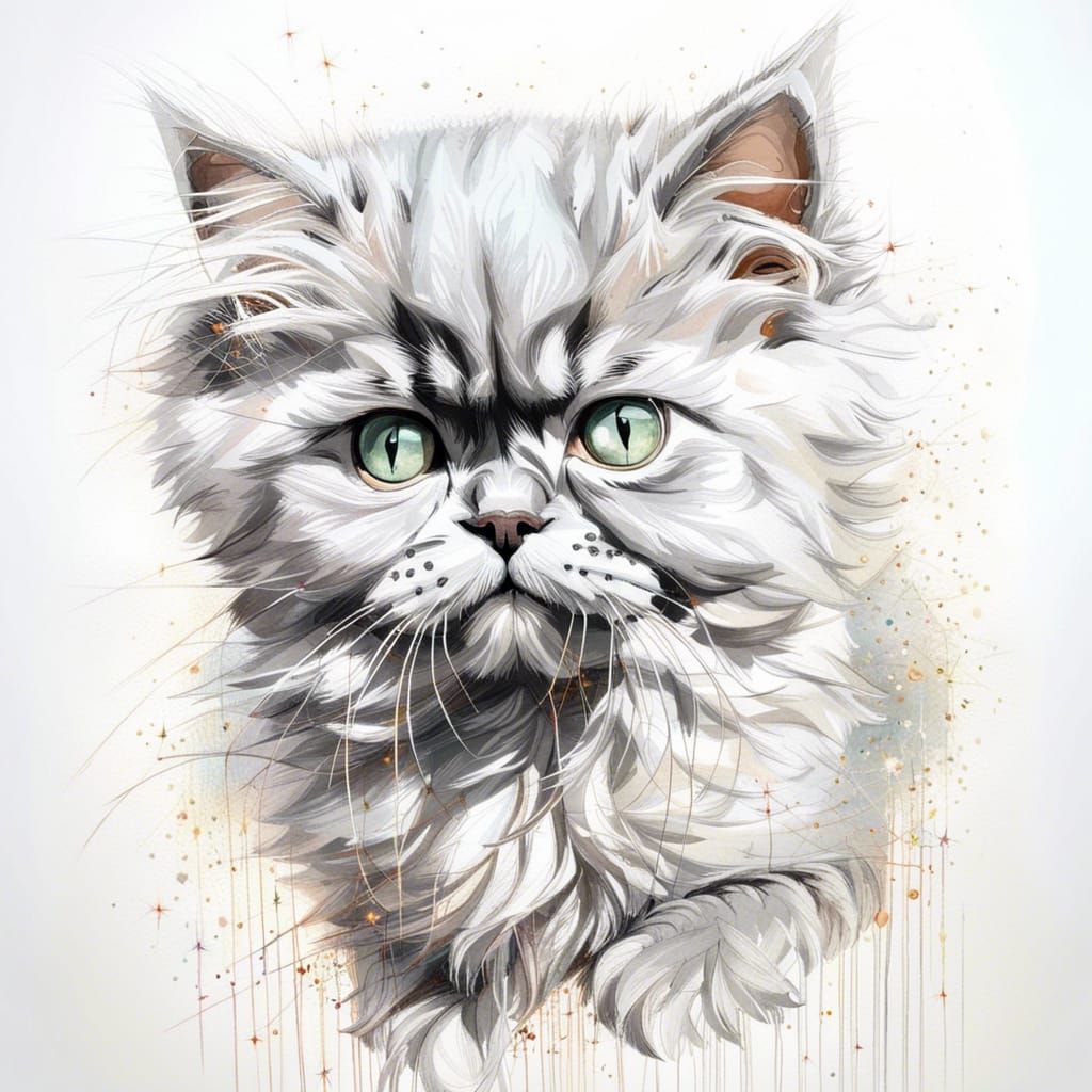 Gray Persian Kitten Portrait with Calligraphic Elements