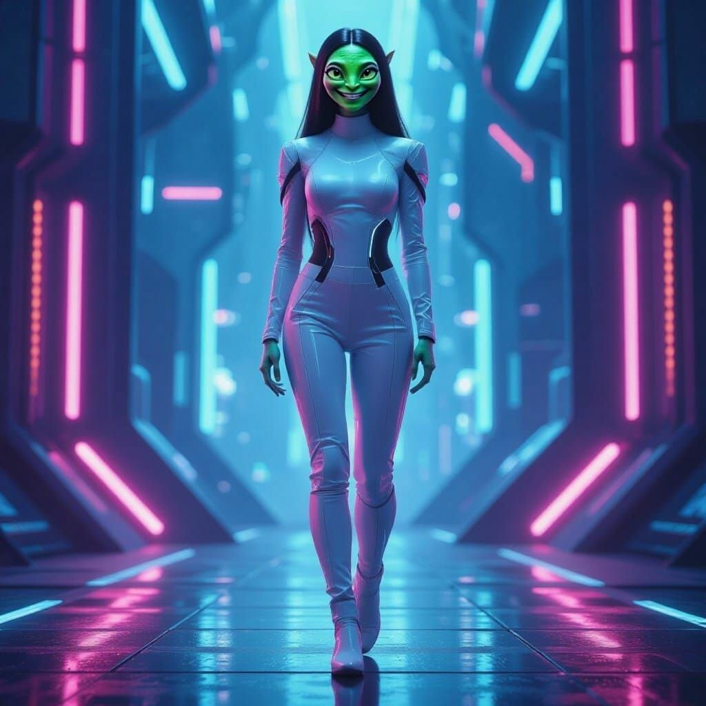 Friendly Alien Woman in Futuristic Attire