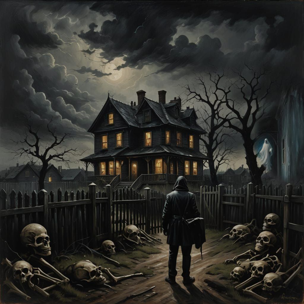 Creepy Bone Fence House in Storm, Oil Painting