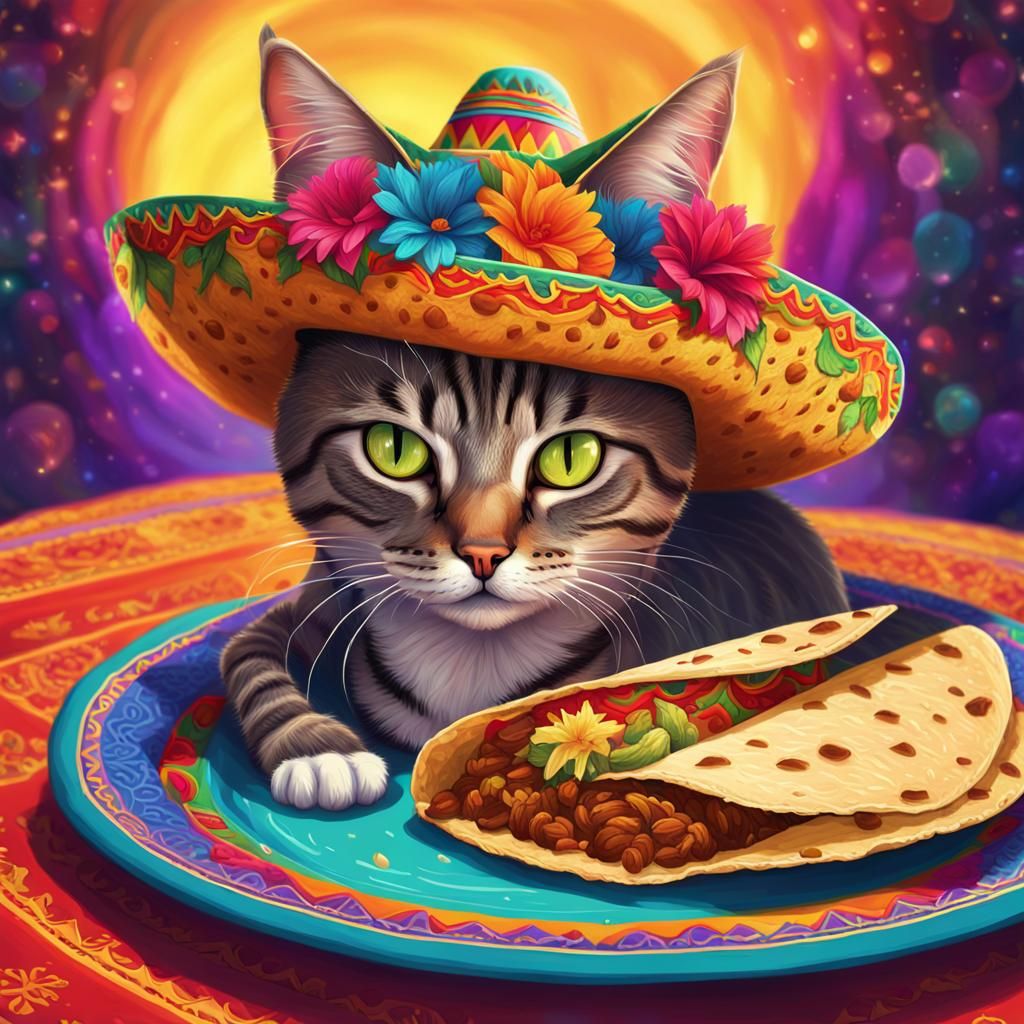 Cat and Taco Digital Art in Mexican Style