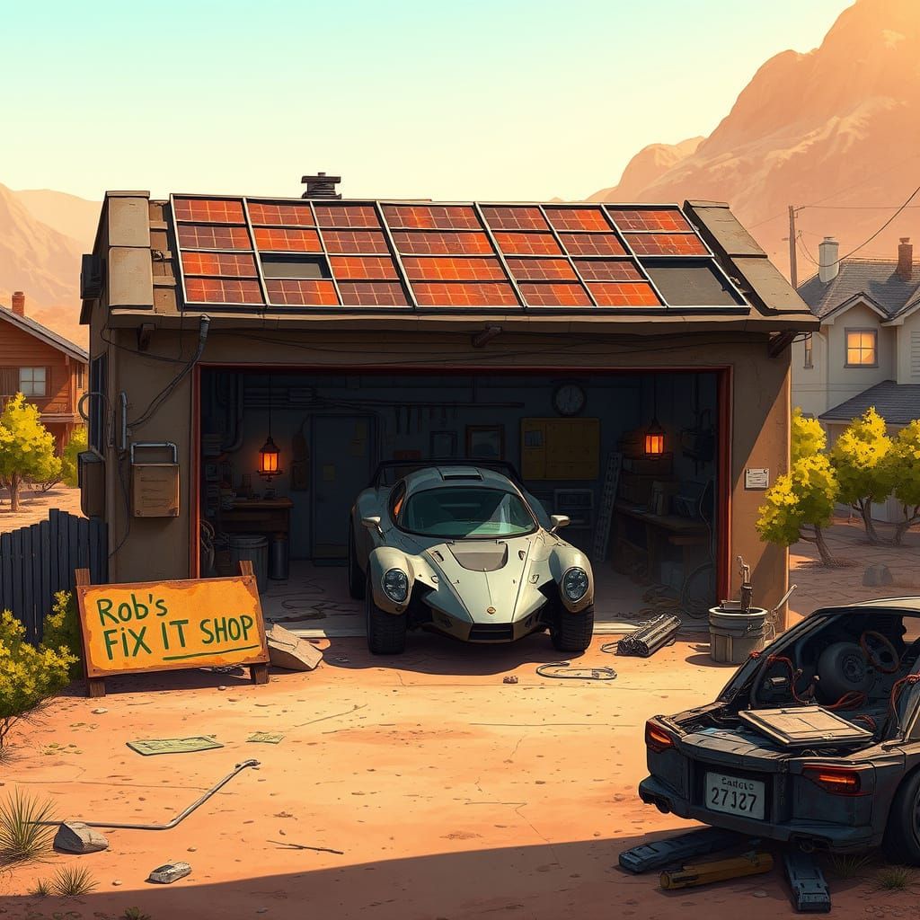 Surreal Garage Scene in Post-Modern Dystopian World