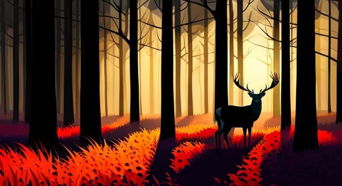 Deer in Shadowed Woods: Gouache Style Landscape
