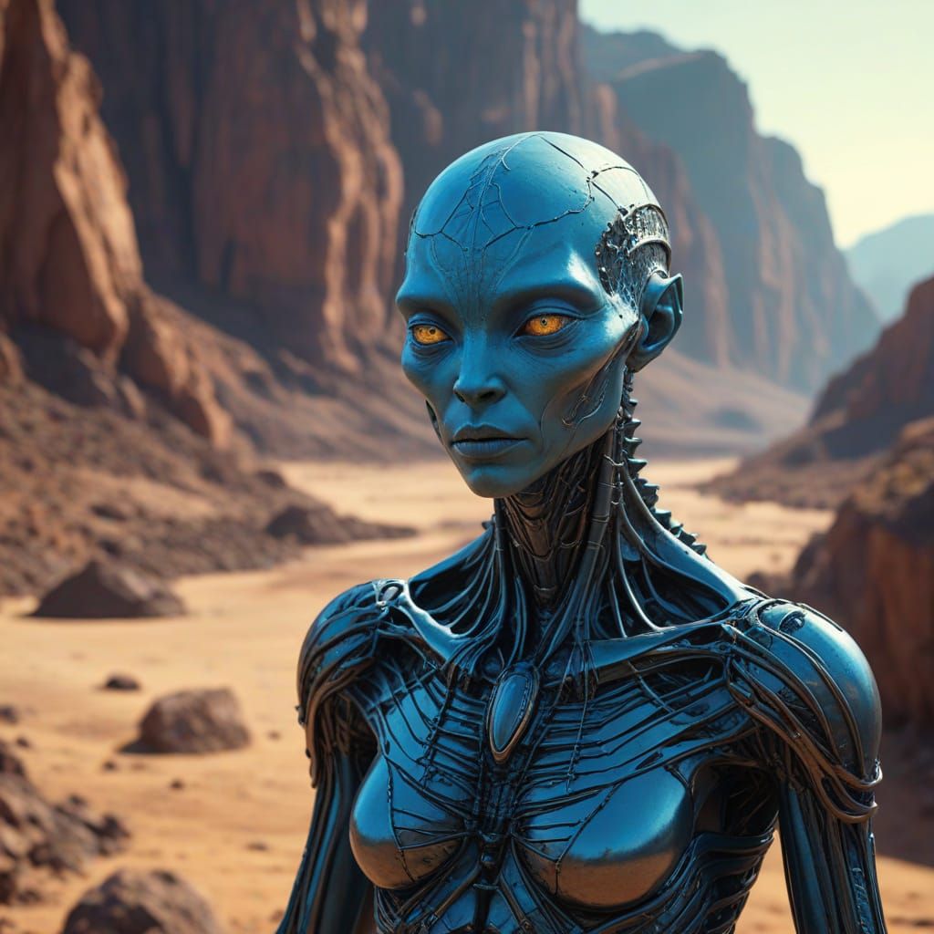 Surreal Desert Alien in Golden Hour Landscape, Oil Painting-...