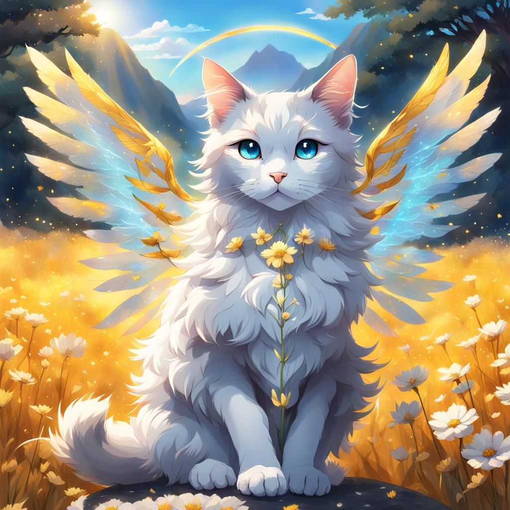 Winged Cat in Golden Meadow, Anime Style