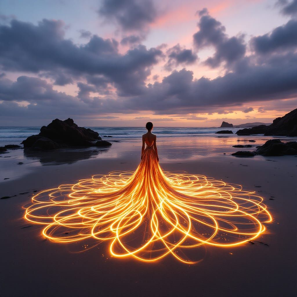 Figure in Gown on Beach at Dusk