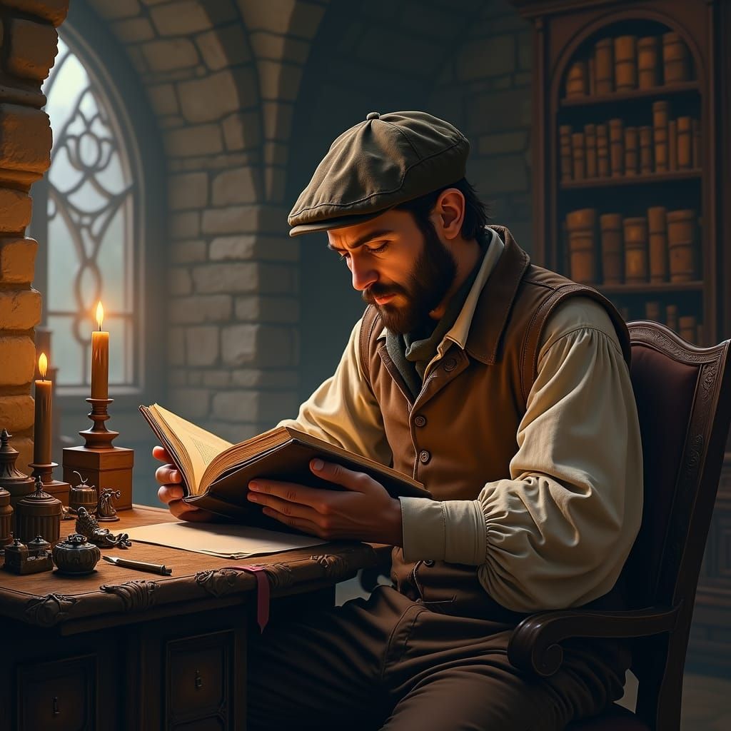 Man Reading in Ancient Library, Detailed Matte Painting
