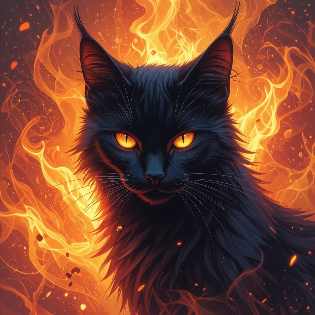 Mystical Hell Cat with Fiery Eyes, Detailed Matte Painting