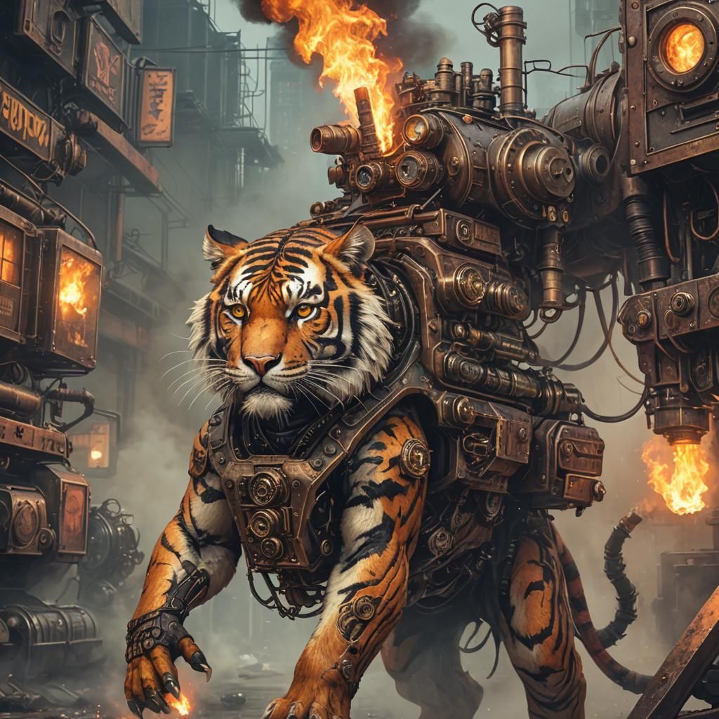 Cyberpunk Steampunk Pyromancer Tiger