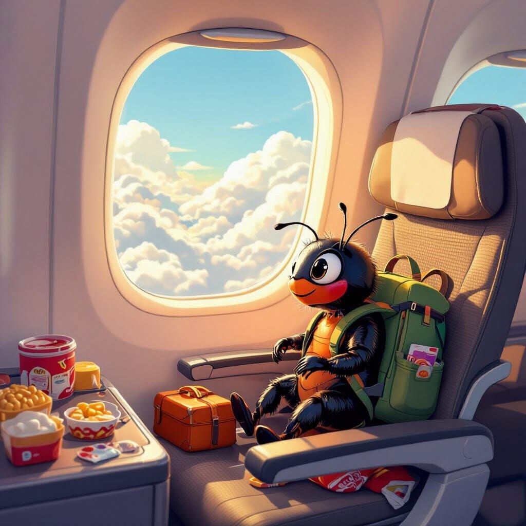 Ant's Airplane Adventure: A Cartoon-Style Journey