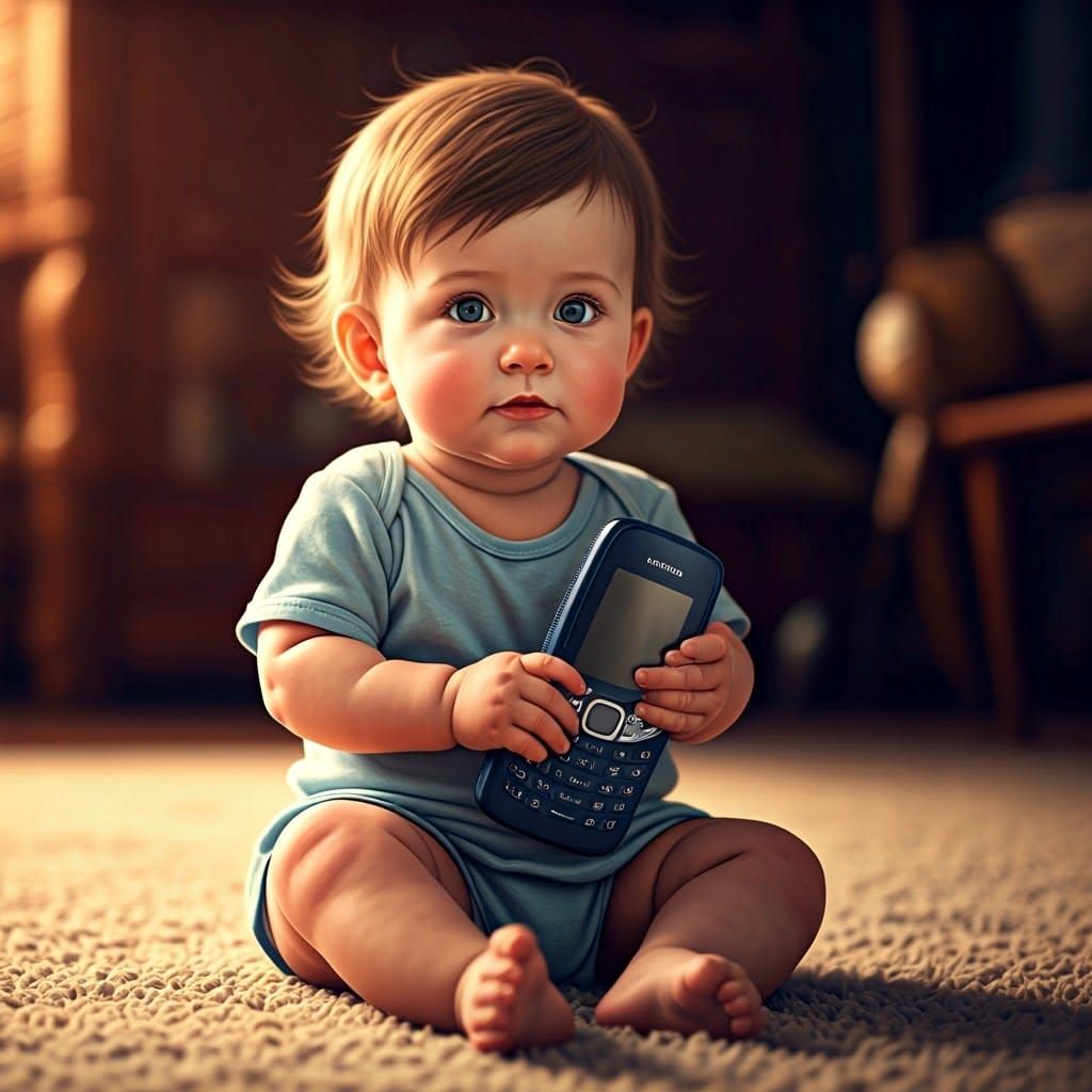 Baby Discovers Vintage Phone in Cozy, Dreamlike Setting