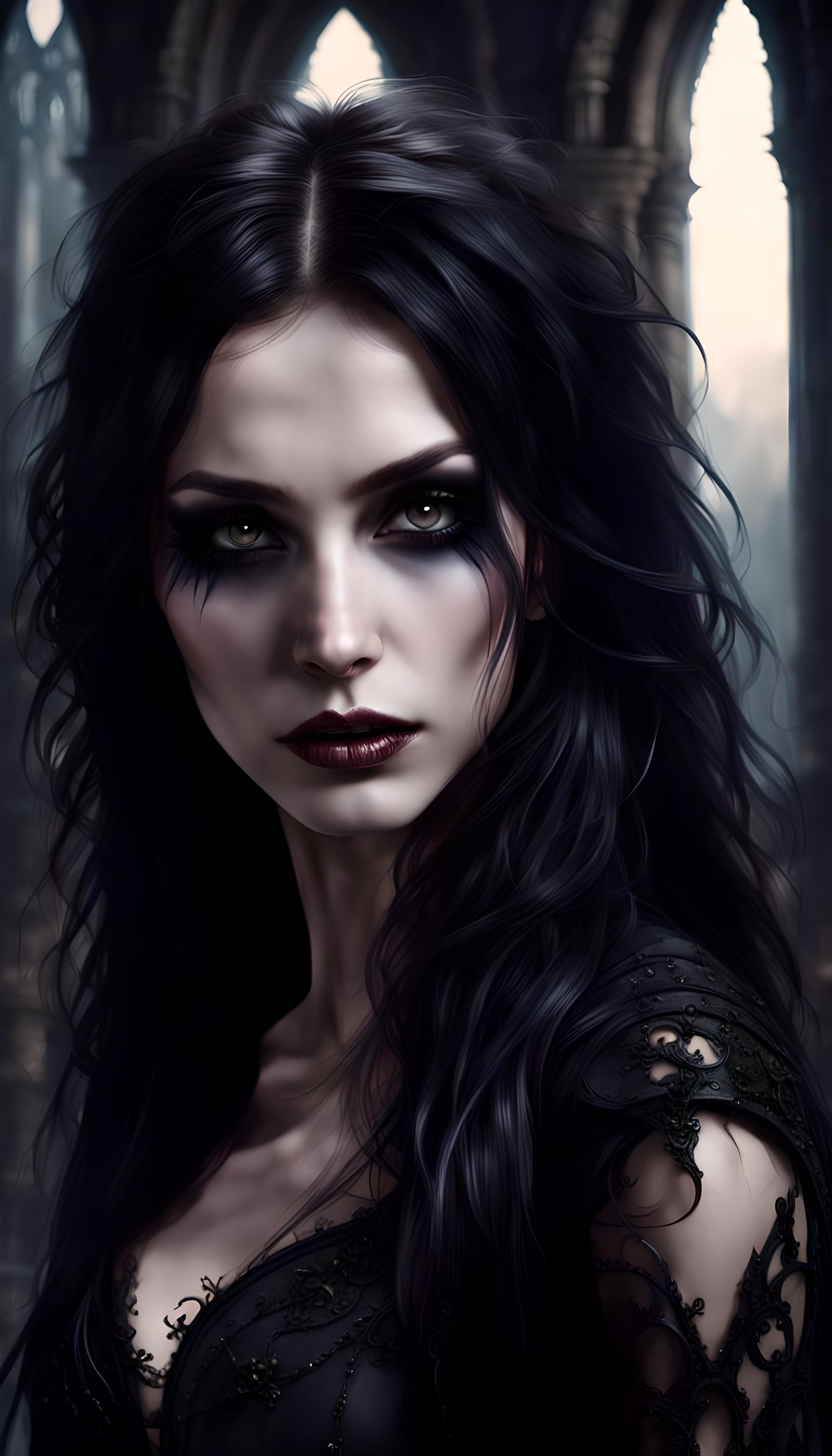 Ethereal Goth Woman in Ruined Cathedral