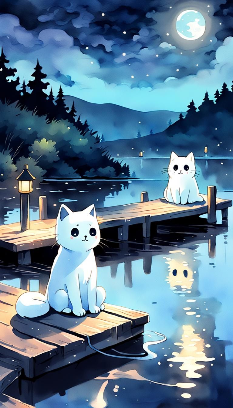 Ghost and Cat on Dock, Watercolor Anime Style