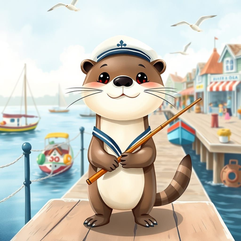 Cartoon Otter Ollie on a Sunny Pier in Watercolor