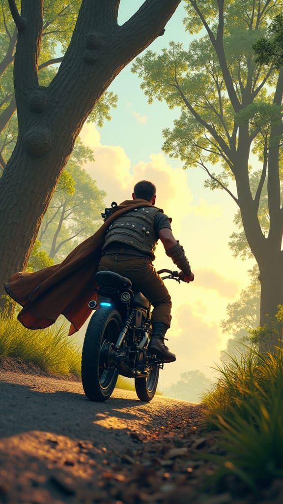 Soldier Rides Black Bike on Forest Road in Matte Style