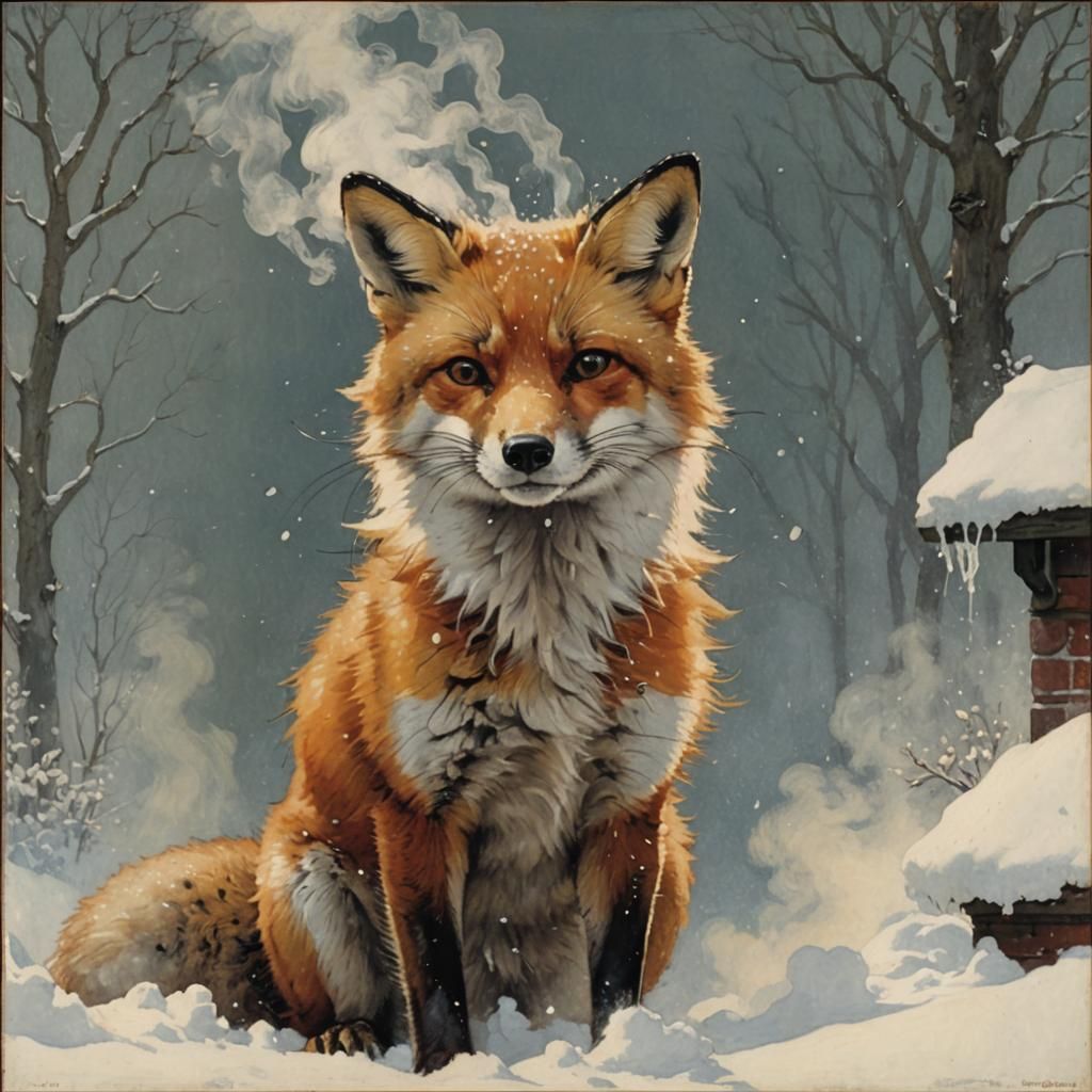 Fox in Winter Snow, Americana Painting