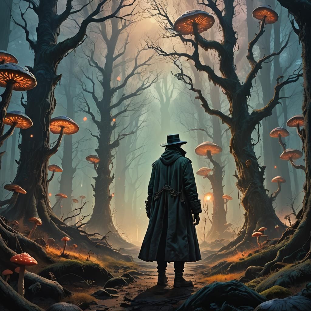 Dystopian Fantasy Figure in Mystical Forest