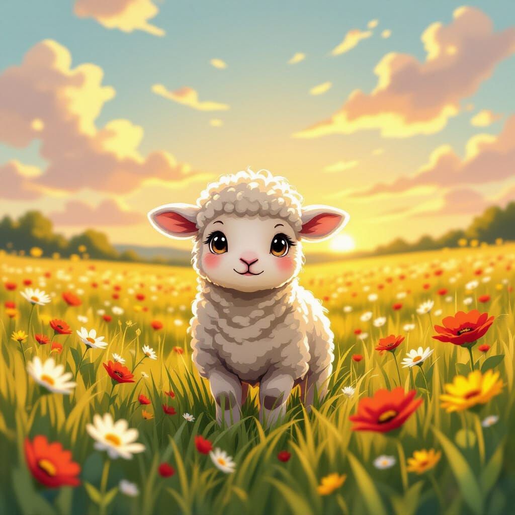Anime Baby Lamb in Wildflower Meadow