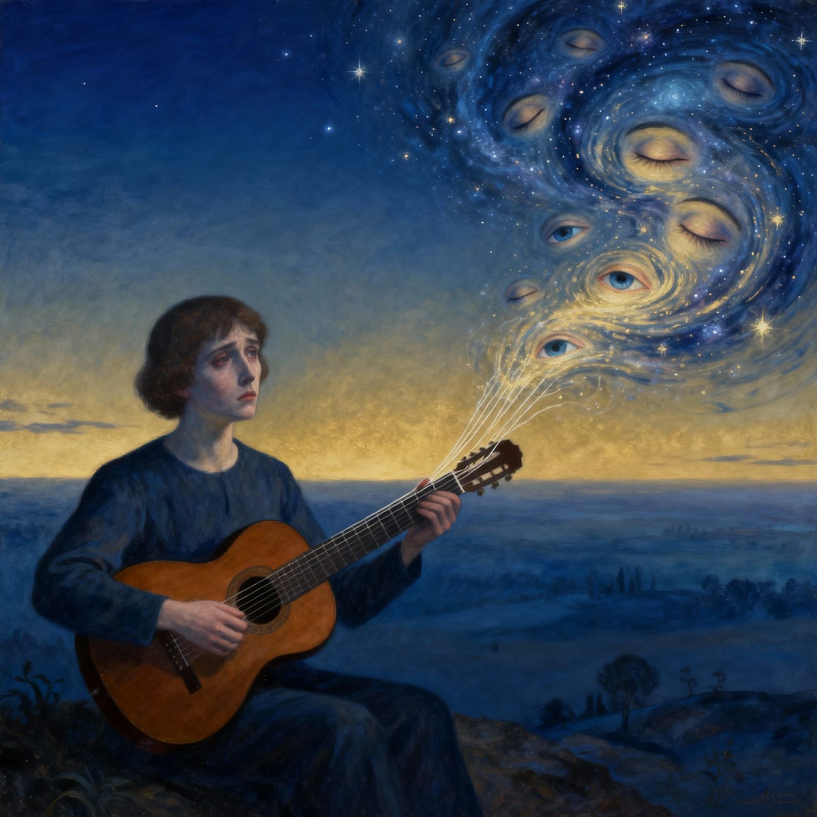 Melancholy Guitarist in Surreal Nebula of Eyes