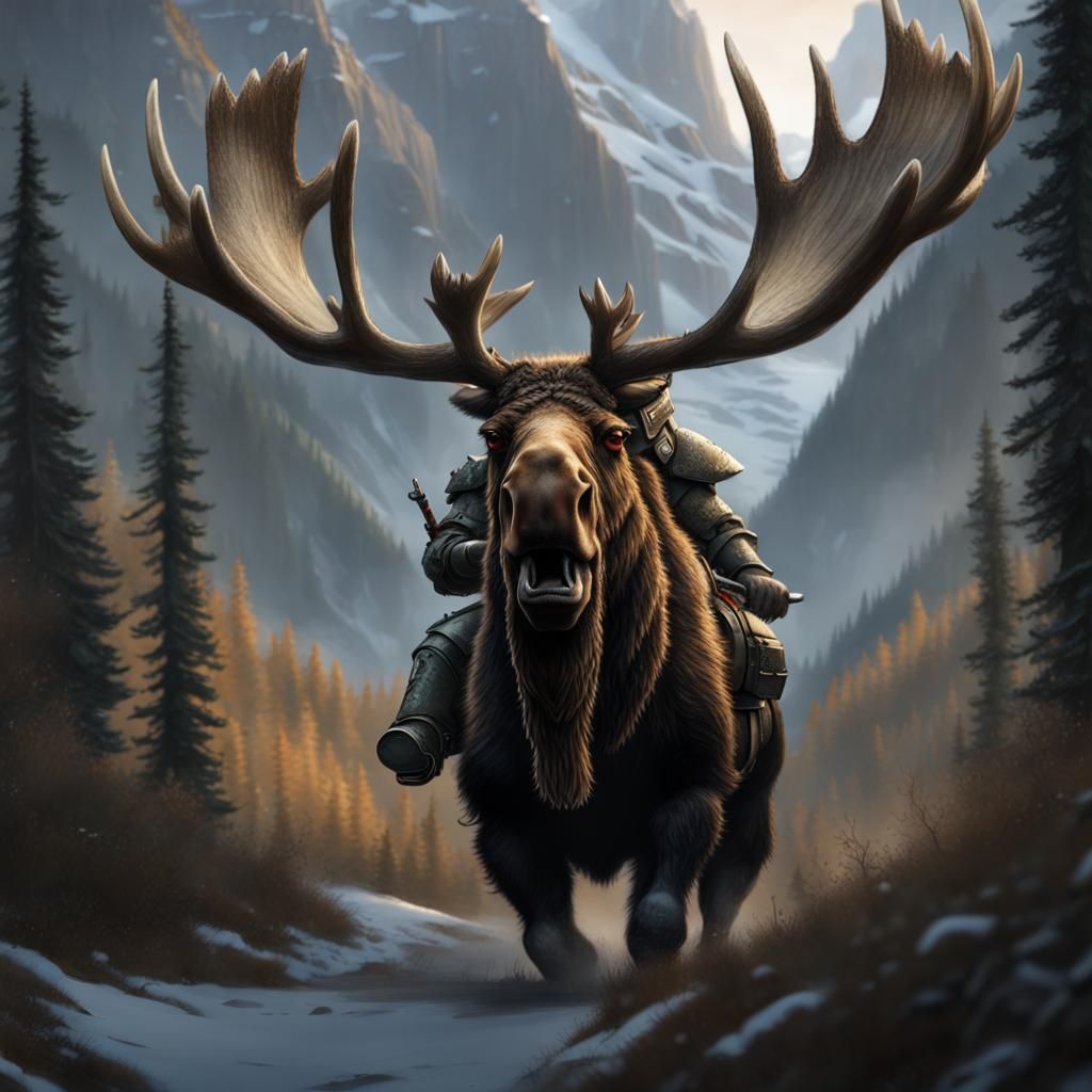 Armored Orc on Moose in Snowy Mountains