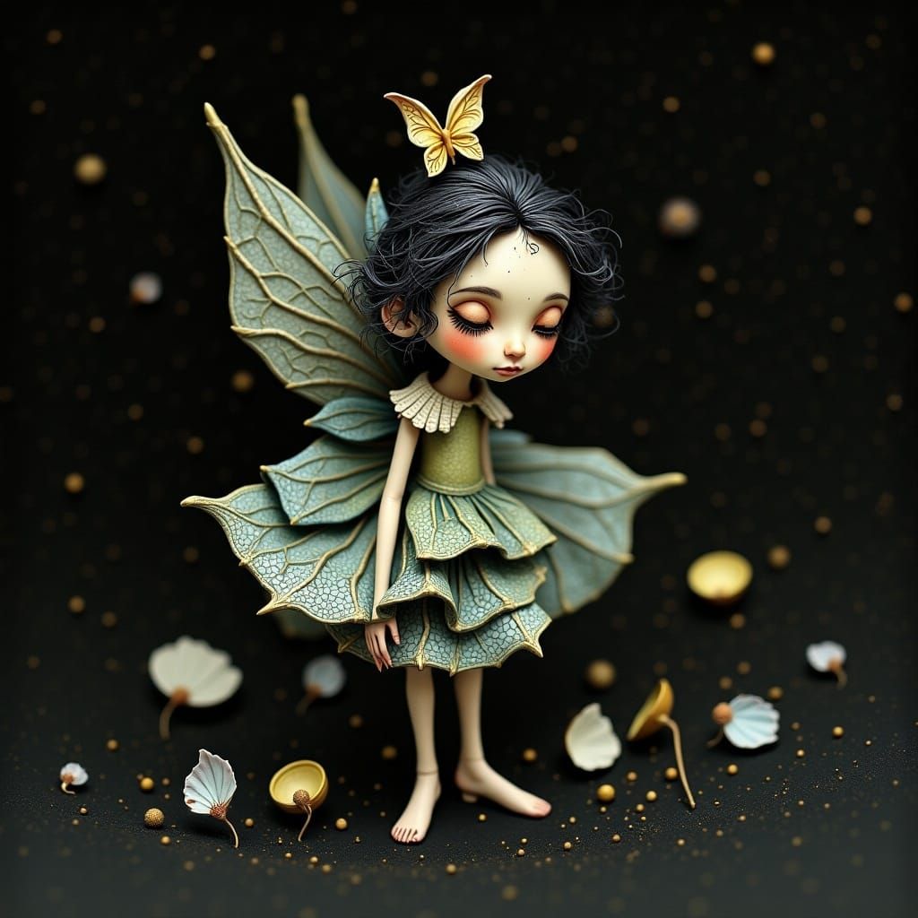 Miniature Figurine Amidst Translucent Petals and Shadows