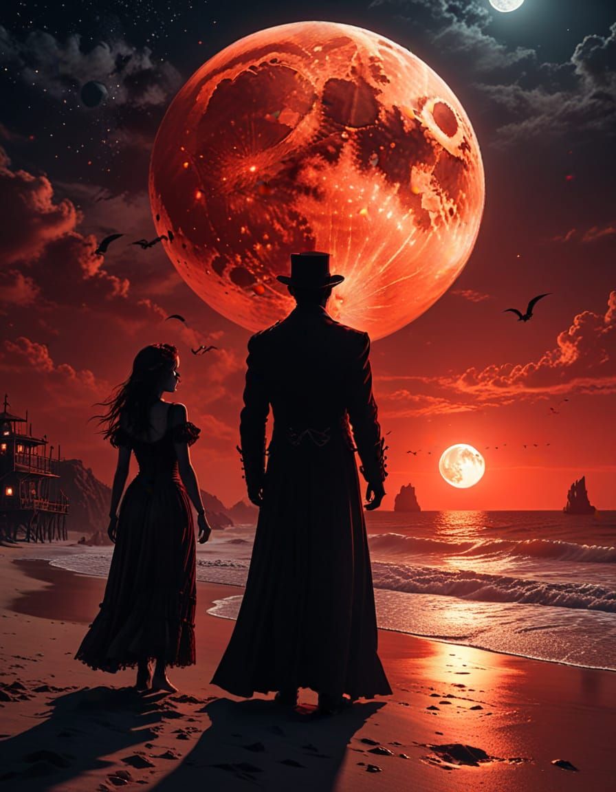 Ghostly Silhouettes Against Red Moon in Steampunk Style