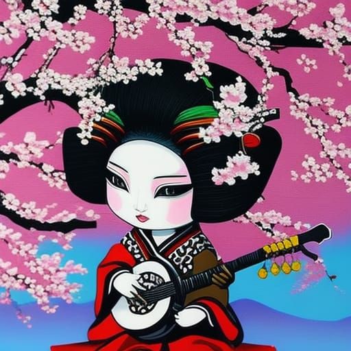 Geisha Chibi Plays Shamisen in Graffiti Street Art