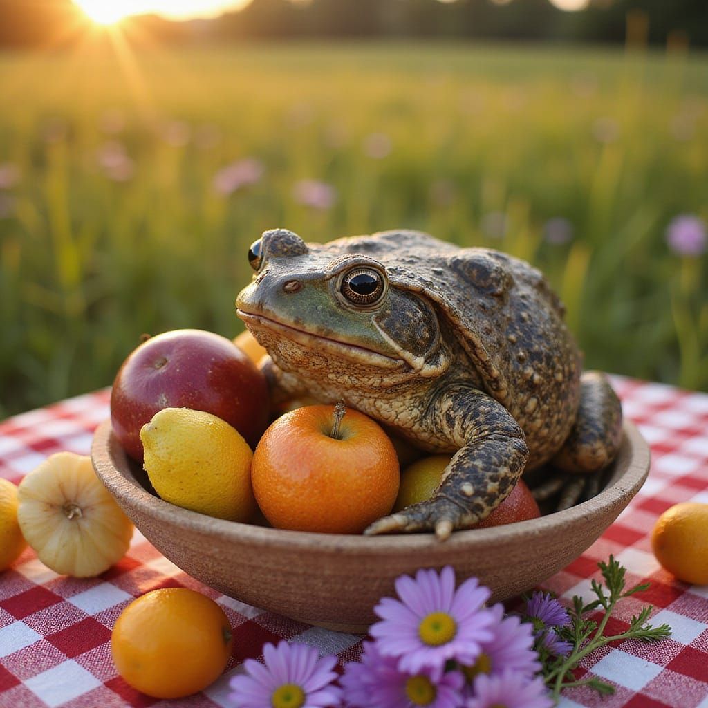 Toad's Golden Hour Picnic Among Fruit and Flowers