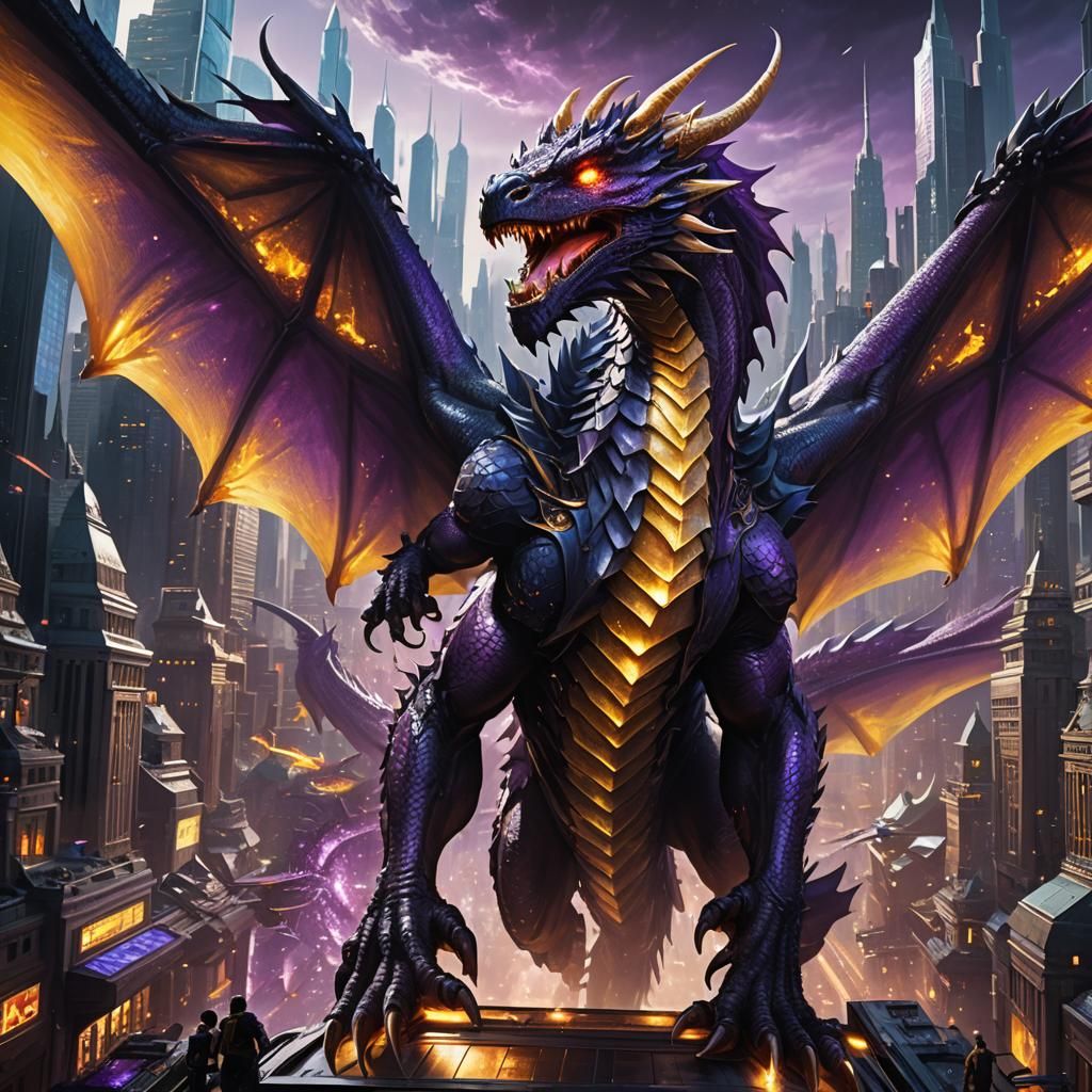 Dragon Settles Among Humans in Futuristic Cityscape