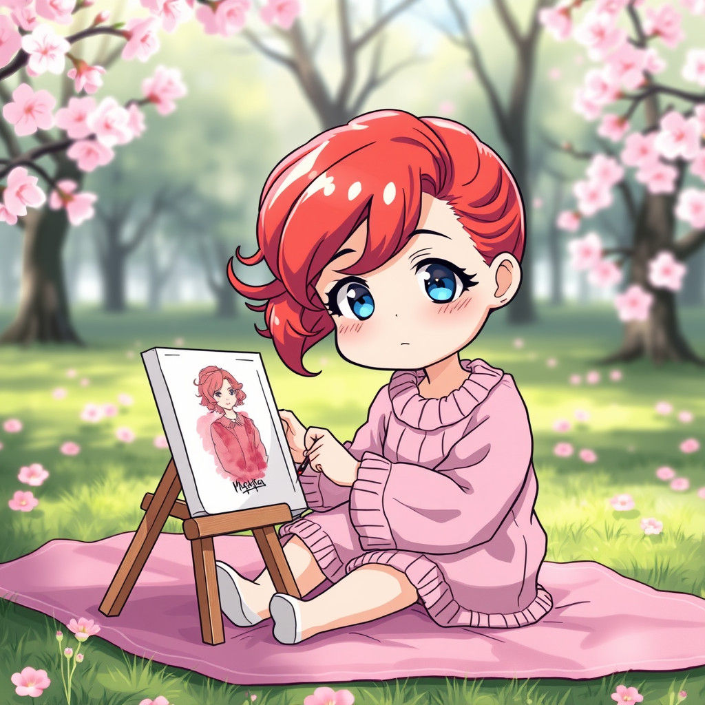 Chibi Anime Woman Painting in Cherry Blossom Park