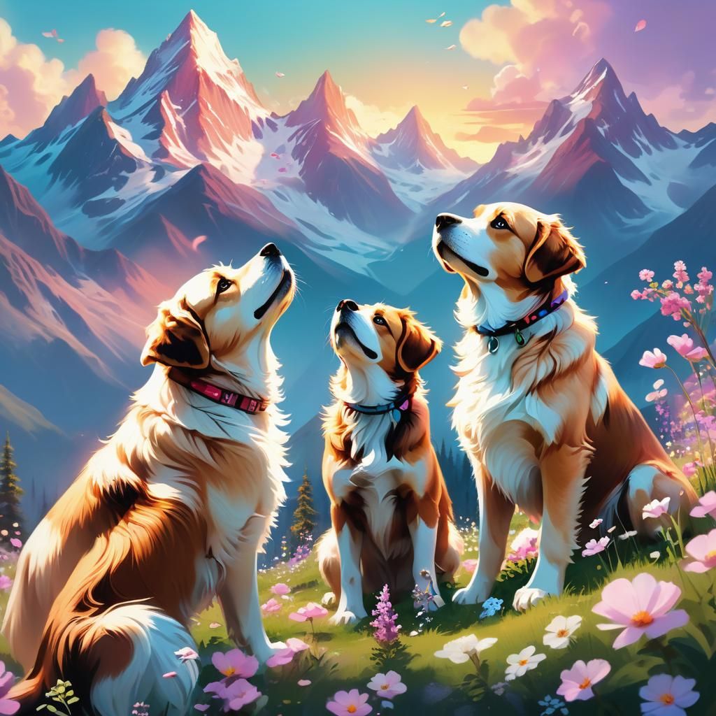 Dogs Watch Floral Mountain in Fantasy Art Style