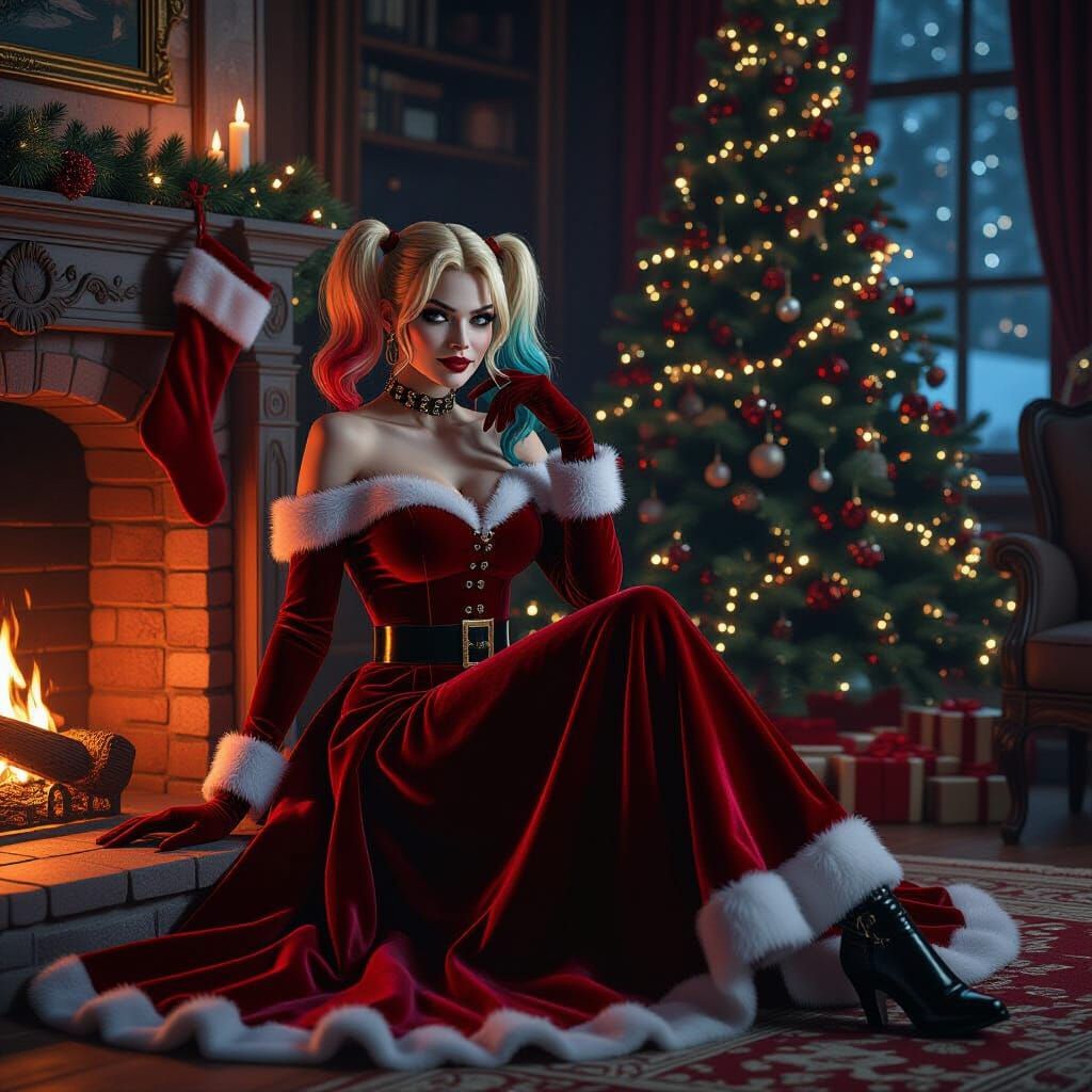 Harley Quinn in Velvet Christmas Dress by Fireplace