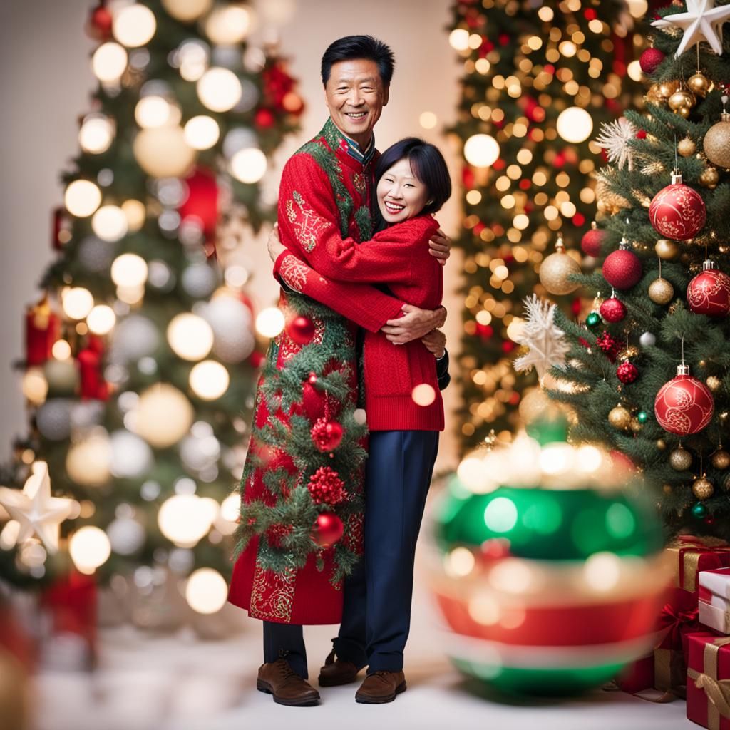 Vibrant Christmas Portrait in Festive Attire, Blurred Backgr...