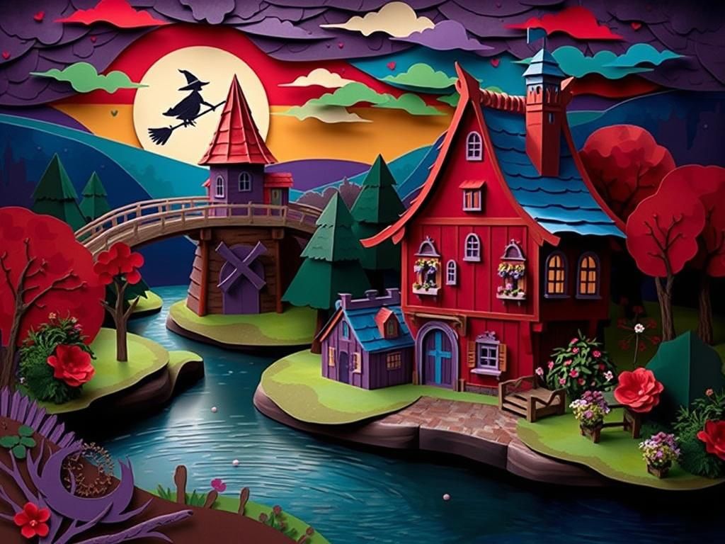 Whimsical Witch at Water Mill in Kirigami Style